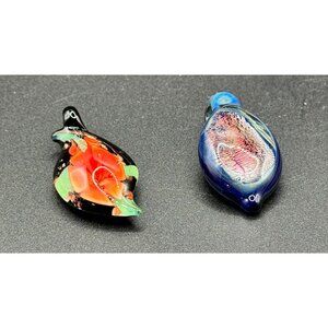 Pair Set Lampwork Art Fused Glass Black Orange Flower Blue Silver Leaf Pendants